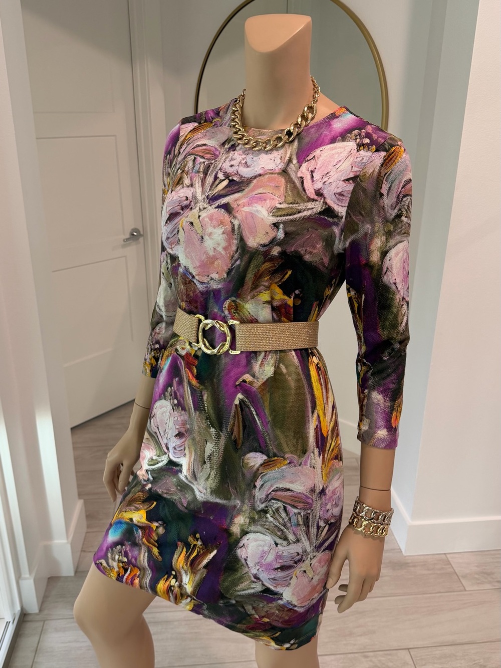 Karen Kane Abstract Floral Sheath Dress 3/4 Sleeve Party Office Dress Size M